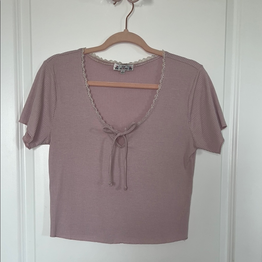 Elegant Mauve Ribbed Blouse with Tie